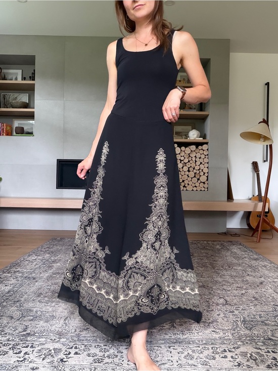 Vintage Dresses & Skirts - Vintage 100% silk Black Maxi skirt hankerchief hem whimsical paisley accent